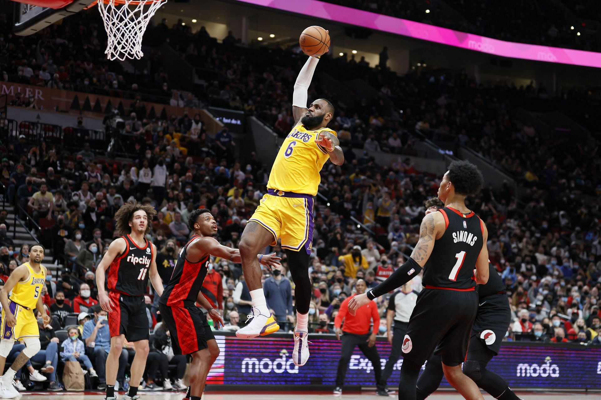 LeBron James # 6 of the Los Angeles Lakers dunks against the Portland Trail Blazers