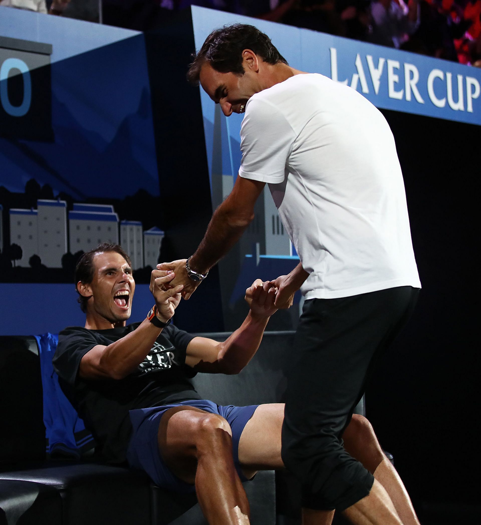 Roger Federer and Rafael Nadal share a moment during the 2019 Laver Cup