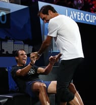 Roger Federer and Rafael Nadal share a moment during the 2019 Laver Cup