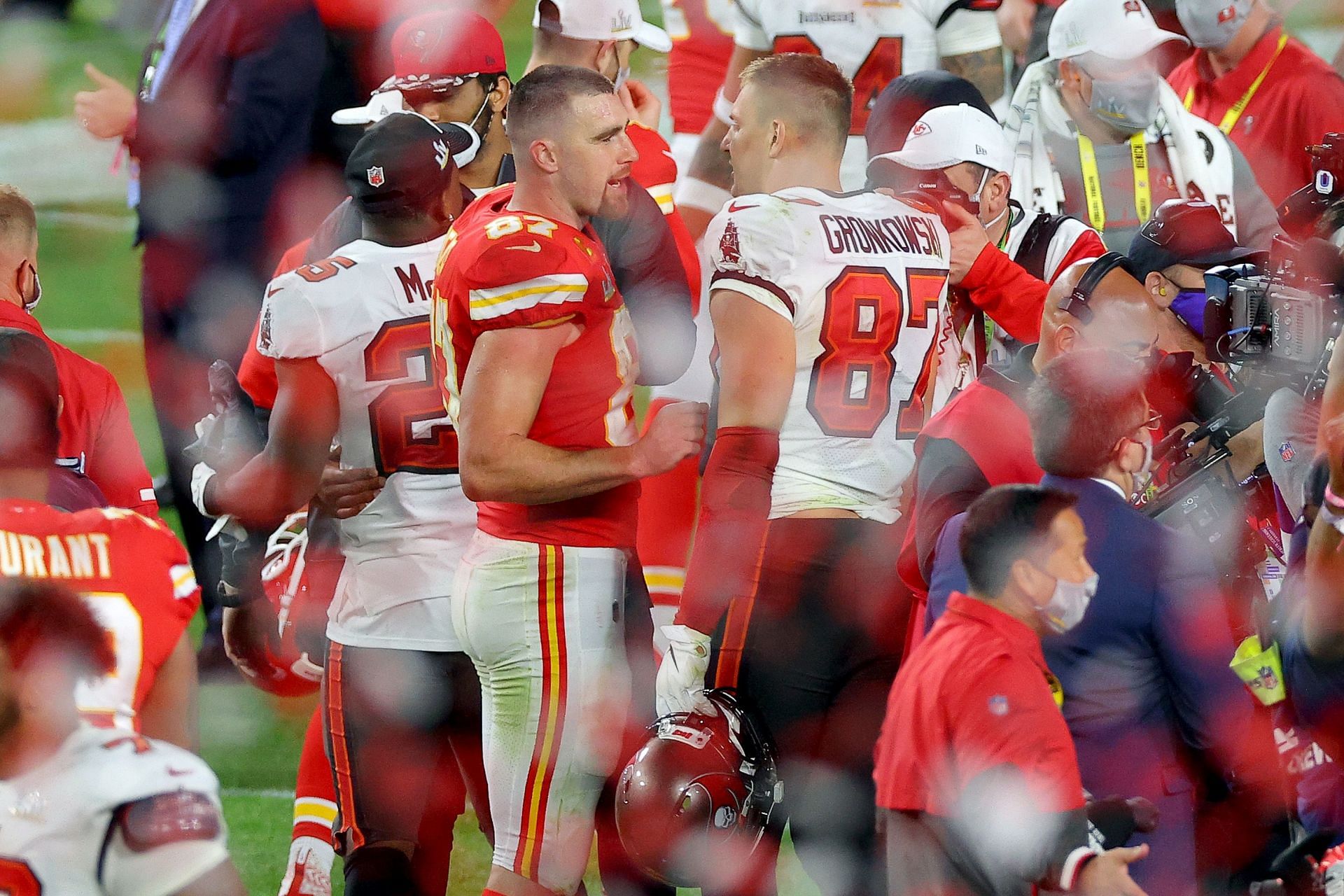 Rob Gronkowski and Travis Kelce at Super Bowl LV