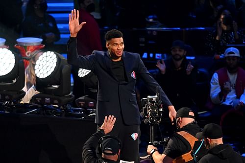 Giannis Antetokounmpo is introduced as a member of the NBA's 75th Anniversary Team