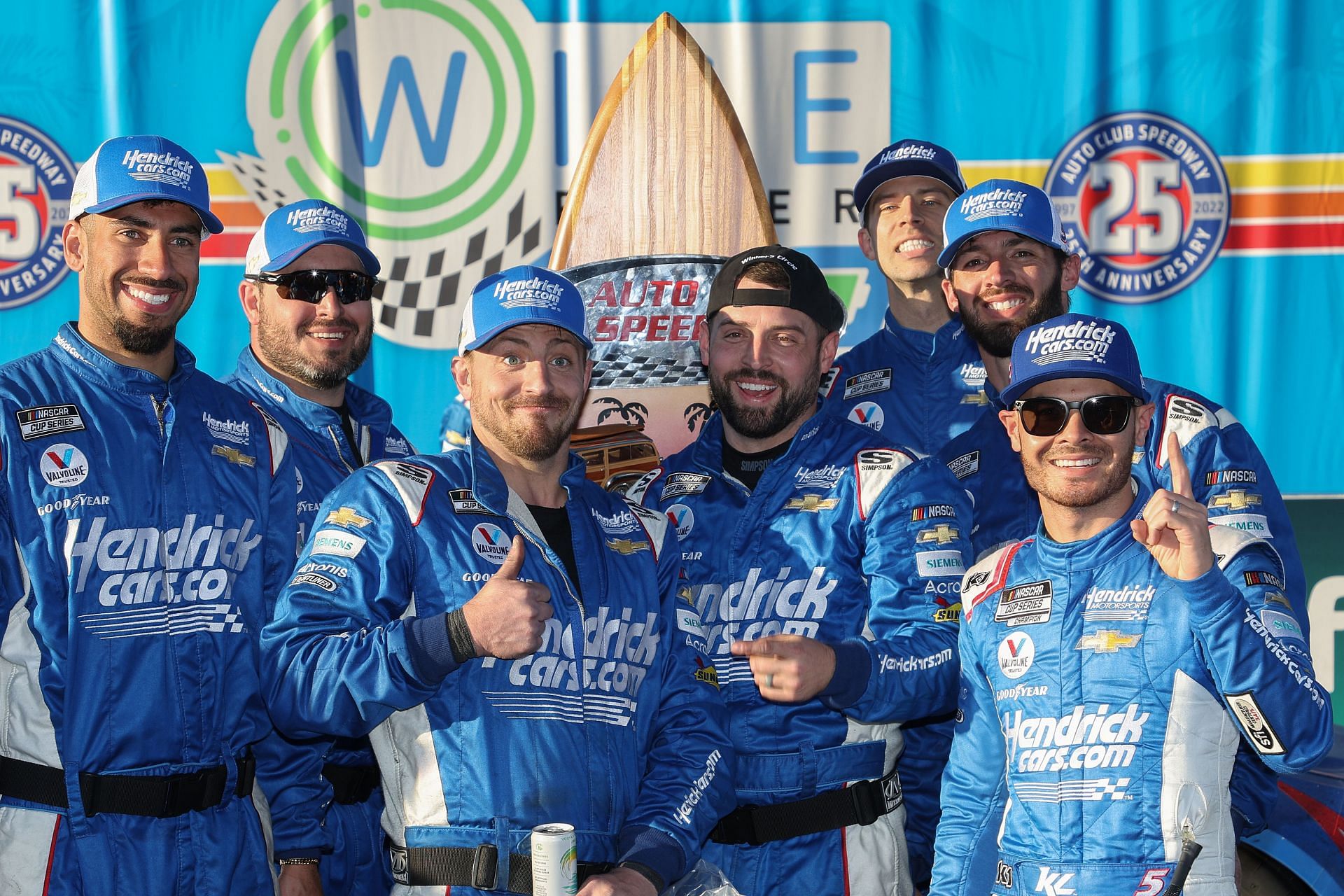 Kyle Larson and his team celebrate in the Ruoff Mortgage victory lane after winning Wise Power 400 at Auto Club Speedway