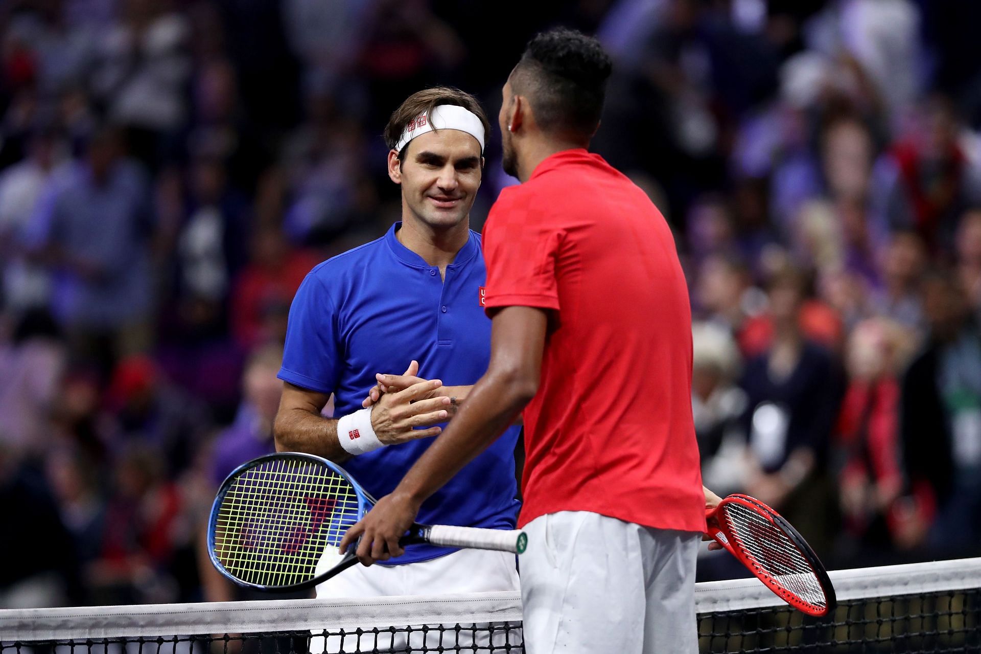 The Swiss maestro and Nick Kyrgios shake hands after their 2018 Laver Cup match