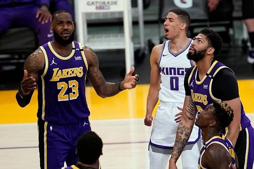 Tyrese Haliburton and LeBron James in action during an NBA game [Source The Sacramento Bee]