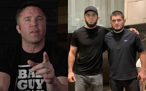 Chael Sonnen (left), Islam Makhachev and Khabib Nurmagomedov (right) [Image credits: @sonnench and @islam_makhachev via Instagram]