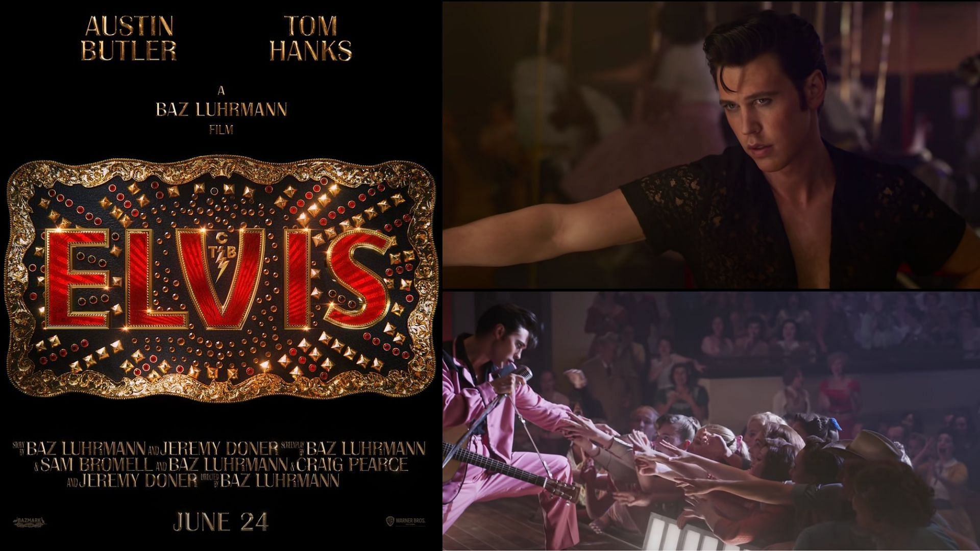 Austin Butler as the King in Baz Luhrmann&#039;s Elvis (Image via Warner Bros. Australia/YouTube, @elvis/Instagram)