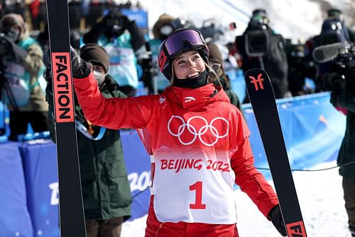 Eileen Gu celebrated the Women's Freestyle Freeski Halfpipe Gold medal