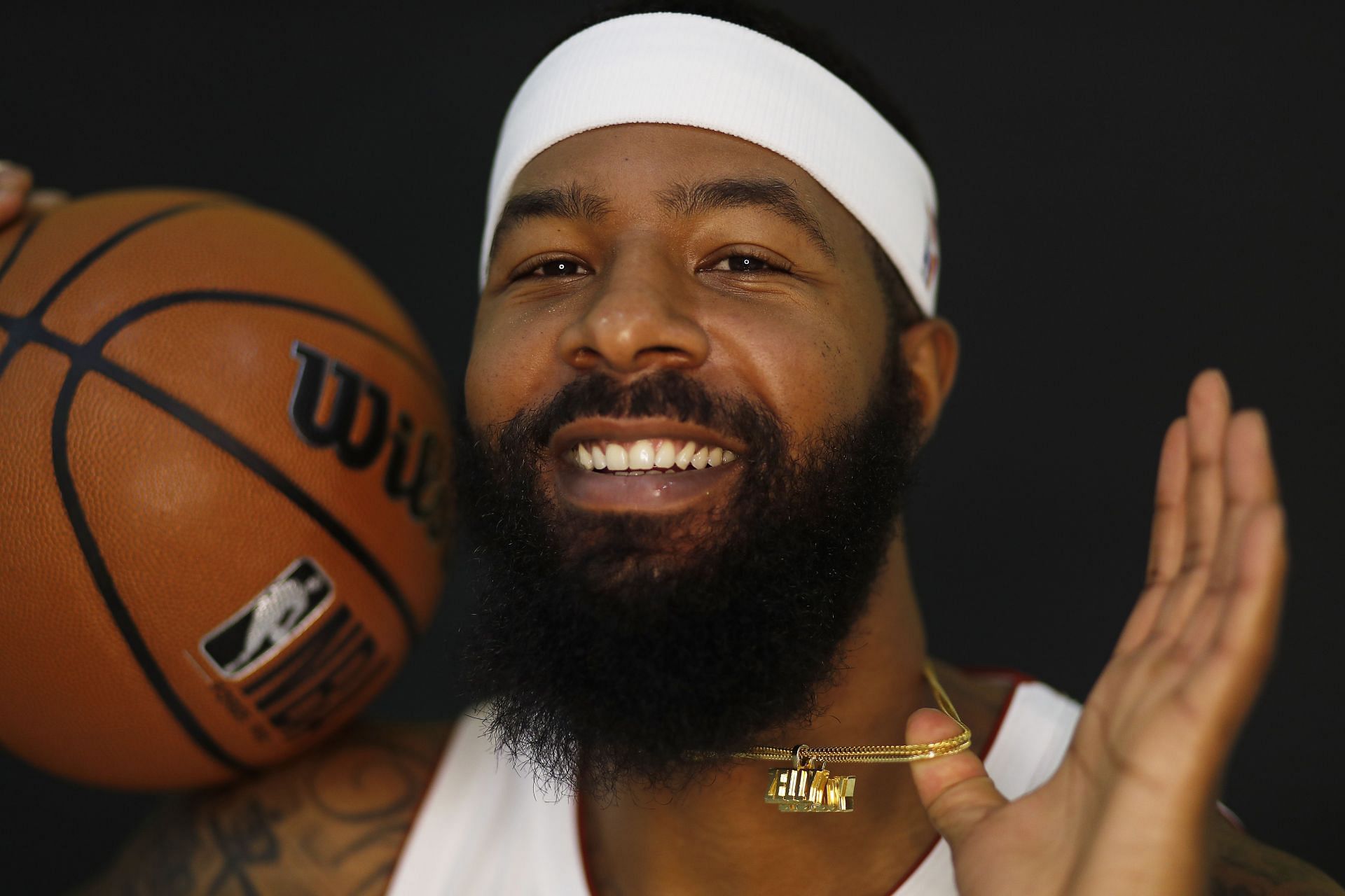 Markieff Morris #8 of the Miami Heat poses for a photo during Media Day at FTX Arena on September 27, 2021 in Miami, Florida.