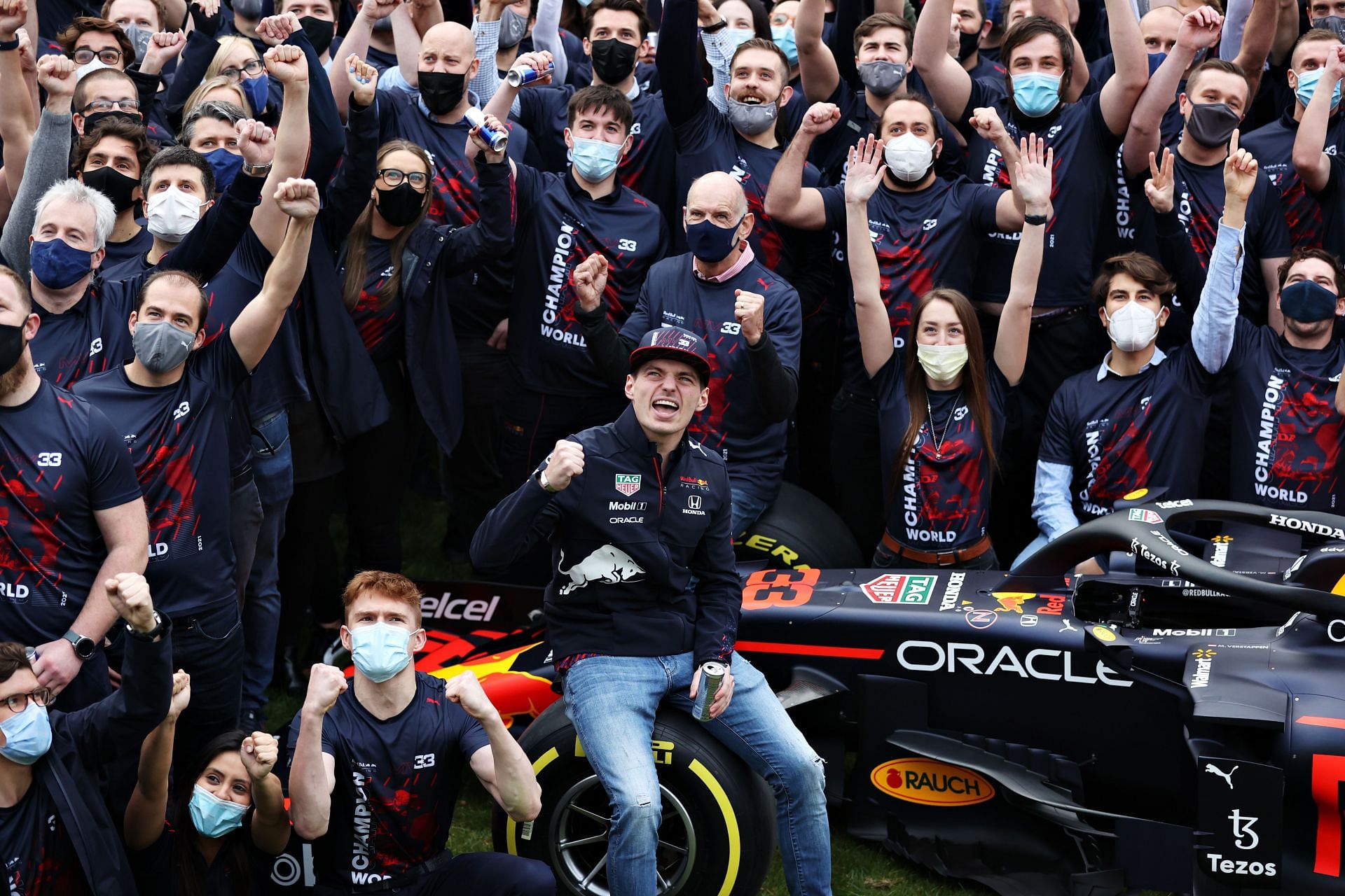Max Verstappen (center) celebrates with the entire Red Bull Factory at Milton-Keynes (Photo by Alex Pantling/Getty Images)