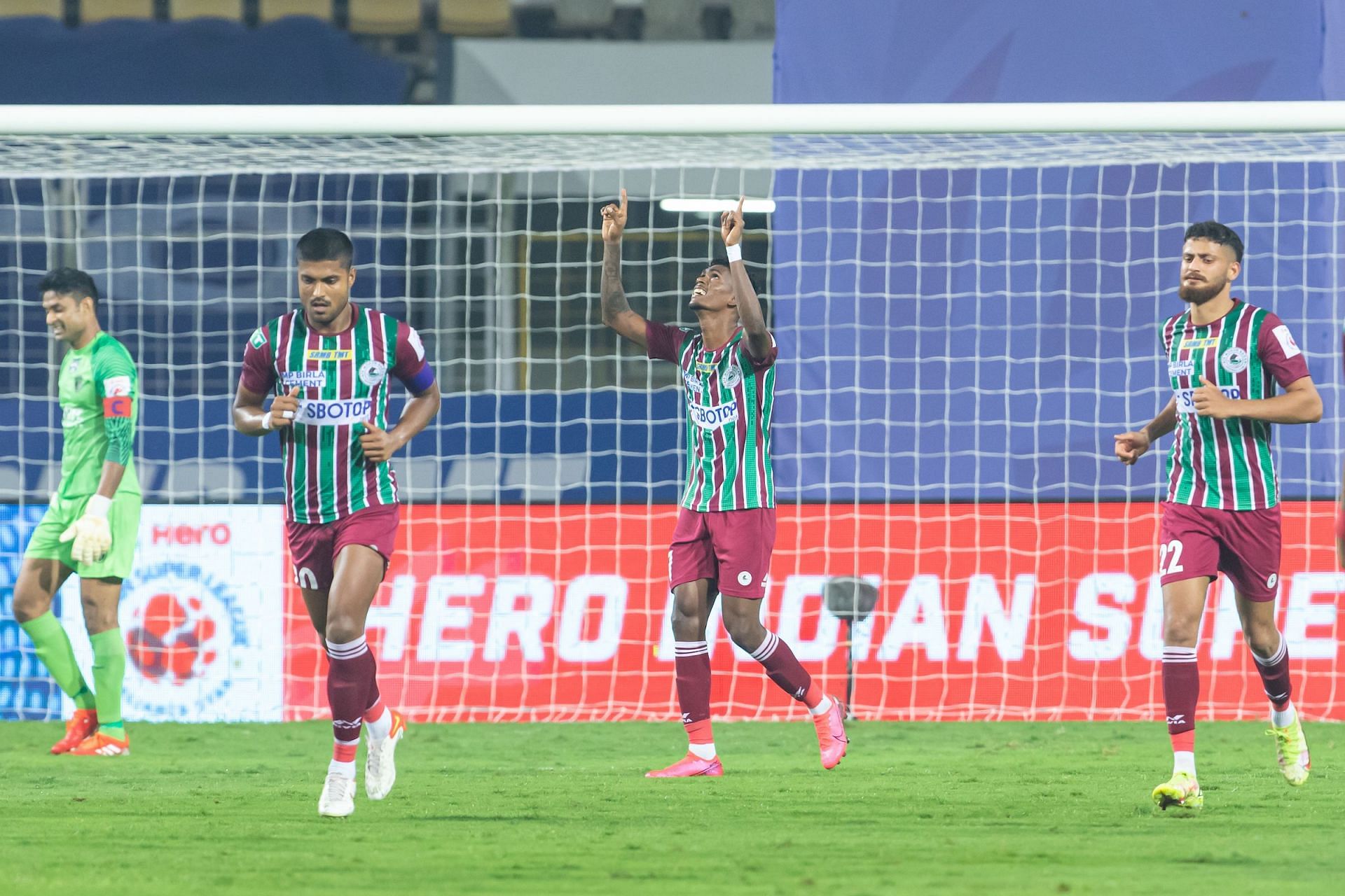 ATK Mohun Bagan&#039;s Liston Colaco celebrates along with team mates after scoring a goal against NorthEast United FC..(Image Courtesy: ISL Media)