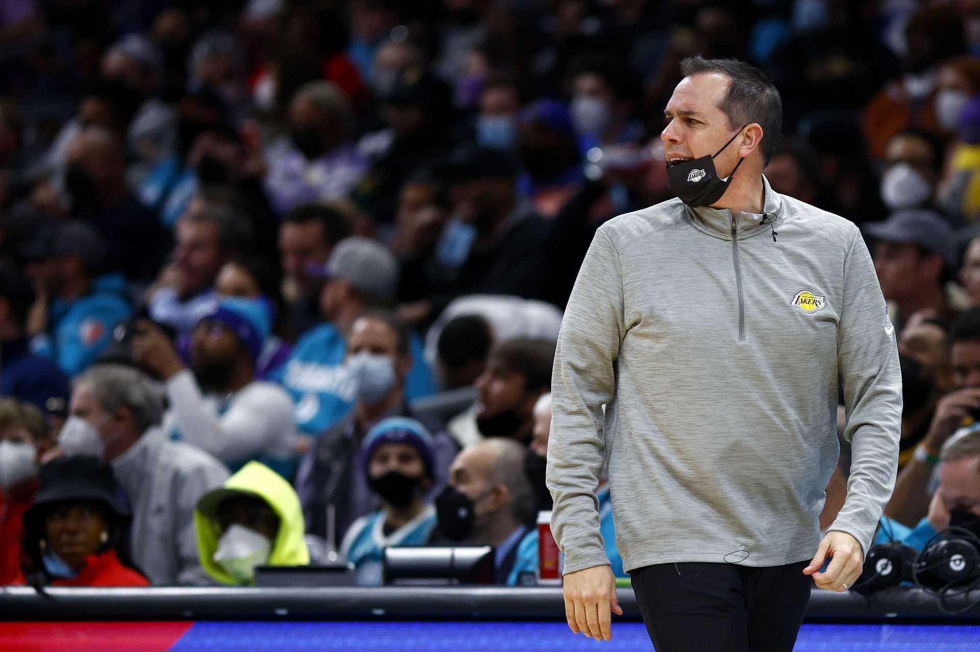 Los Angeles Lakers v Charlotte Hornets; Frank Vogel reacts to a call during the game