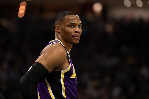 Guard Russell Westbrook looks on during the Los Angeles Lakers v Milwaukee Bucks