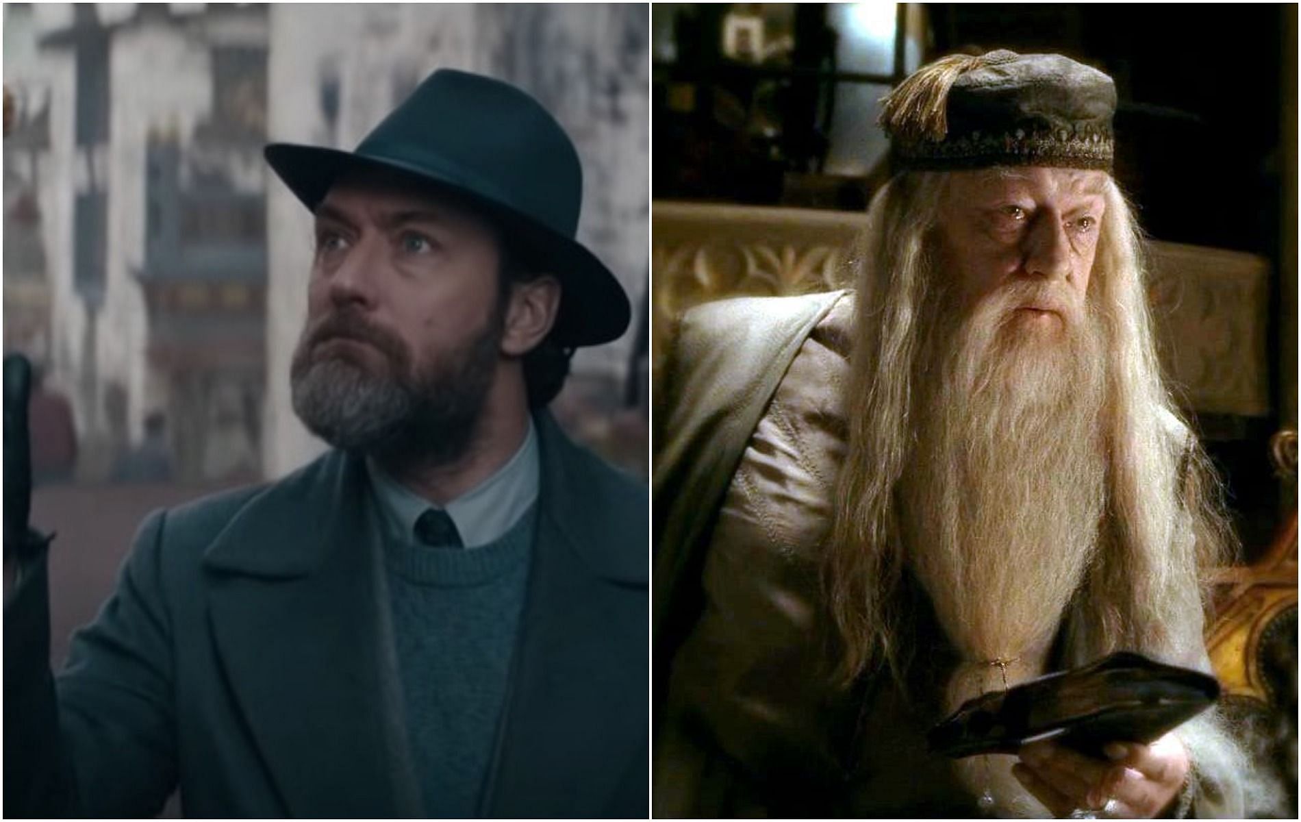 Dumbledore as portrayed by Jude Law (Fantastic Beasts) and Michael Gambon (Harry Potter) (Image by Secrets of the Dumbledore and Half-Blood Prince)