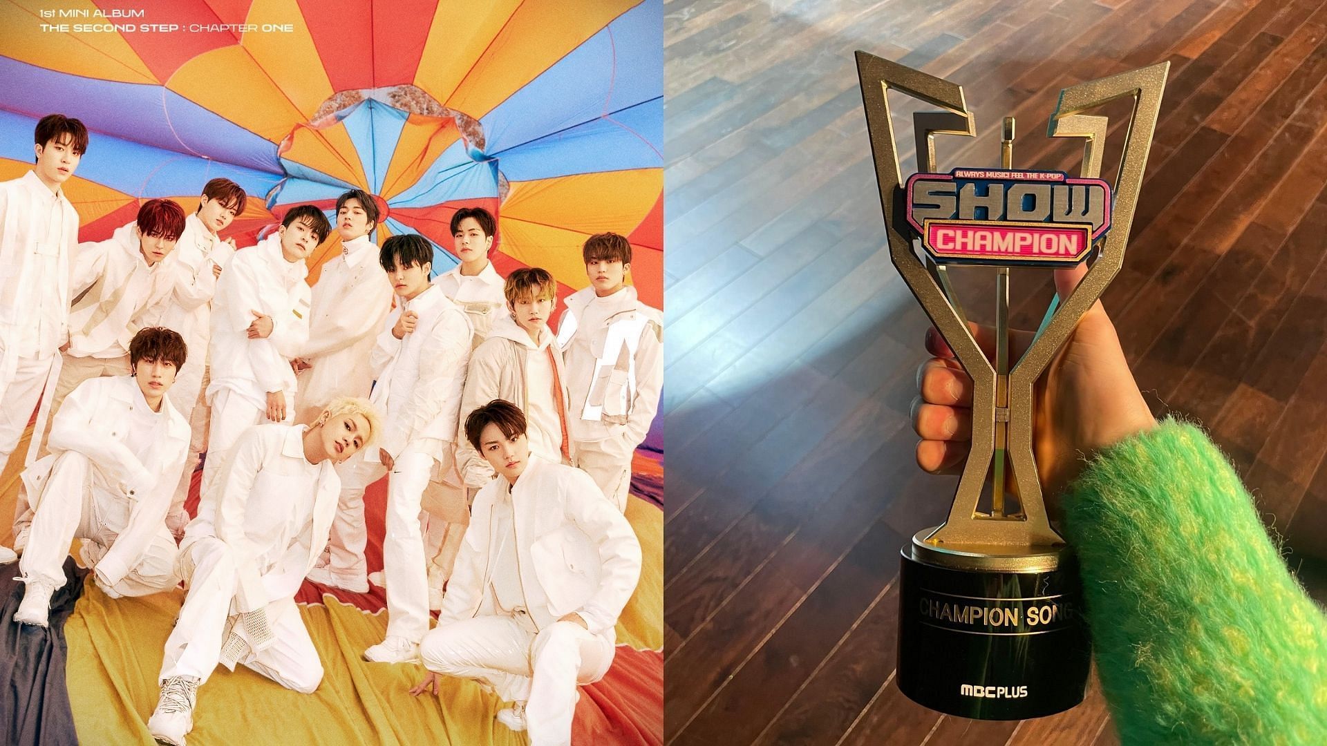 TREASURE and Show Champion trophy for &#039;JIKJIN&#039; (Images via Twitter/ygent_official and Weverse)