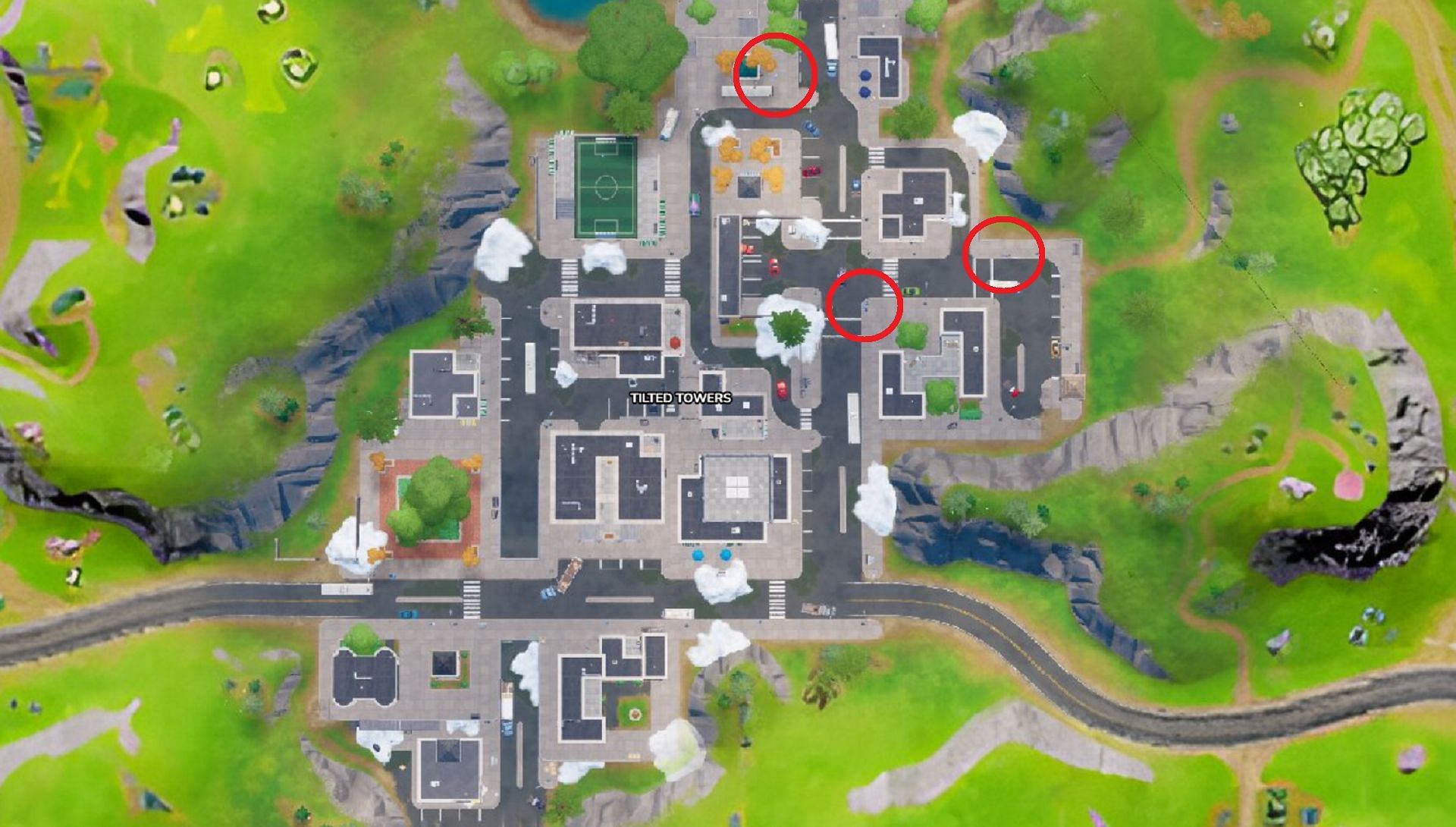Mailbox locations in Tilted Towers in Chapter 3 Season 1 (Image via Fortnite.GG)