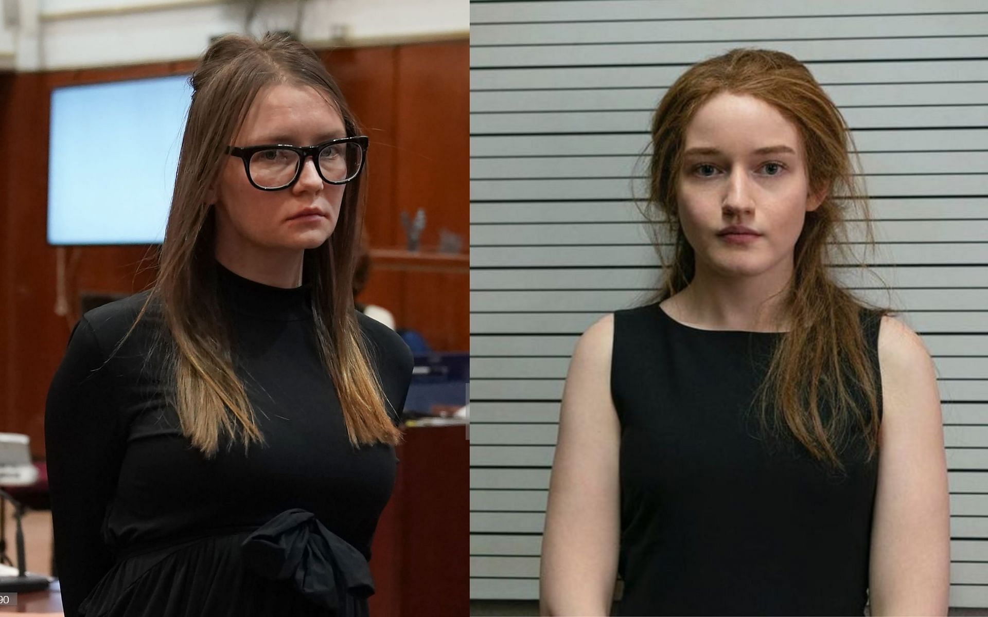 Anna Sorokin, and Julia Garner playing the role of Anna Delvey in Inventing Anna (Image via Getty Images, @inventinganna/Instagram)