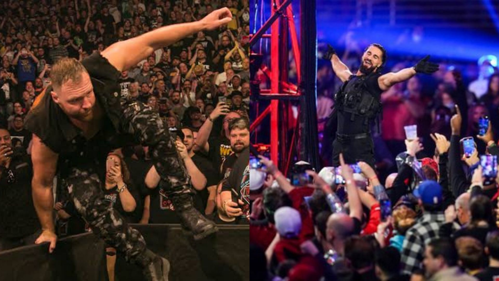 Jon Moxley and Seth Rollins making their respective entrances