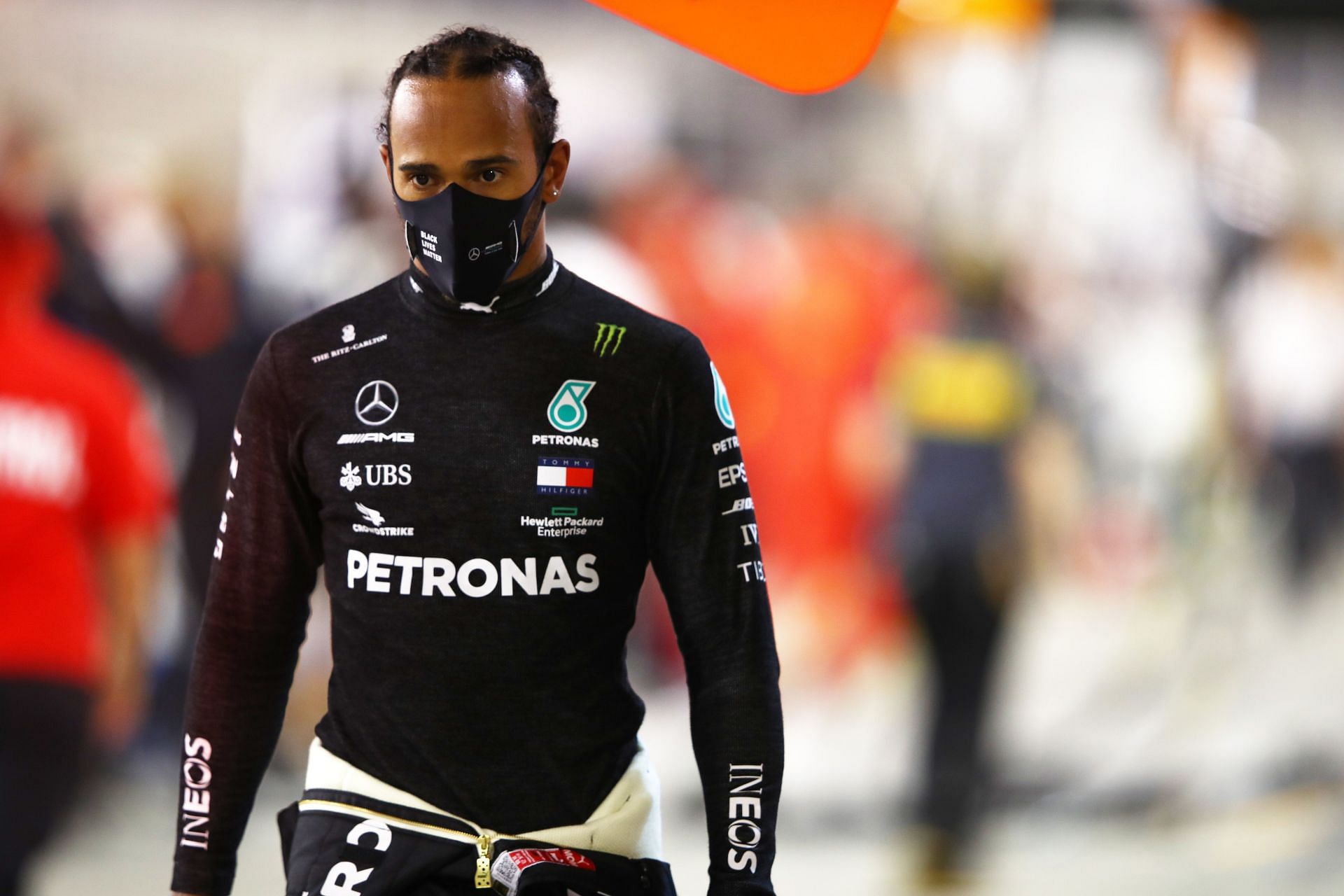 Lewis Hamilton in the F1 pitlane. (Photo by Mark Thompson/Getty Images)