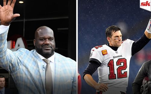 Shaquille O'Neal, left, comments on NFL legend Tom Brady (12) and NBA legend Michael Jordan