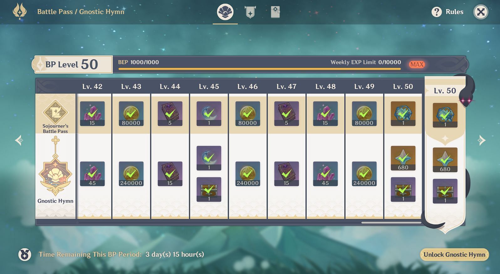 Rewards from Sojourner&#039;s Battle Pass and Gnostic Hymn (Image via Genshin Impact)