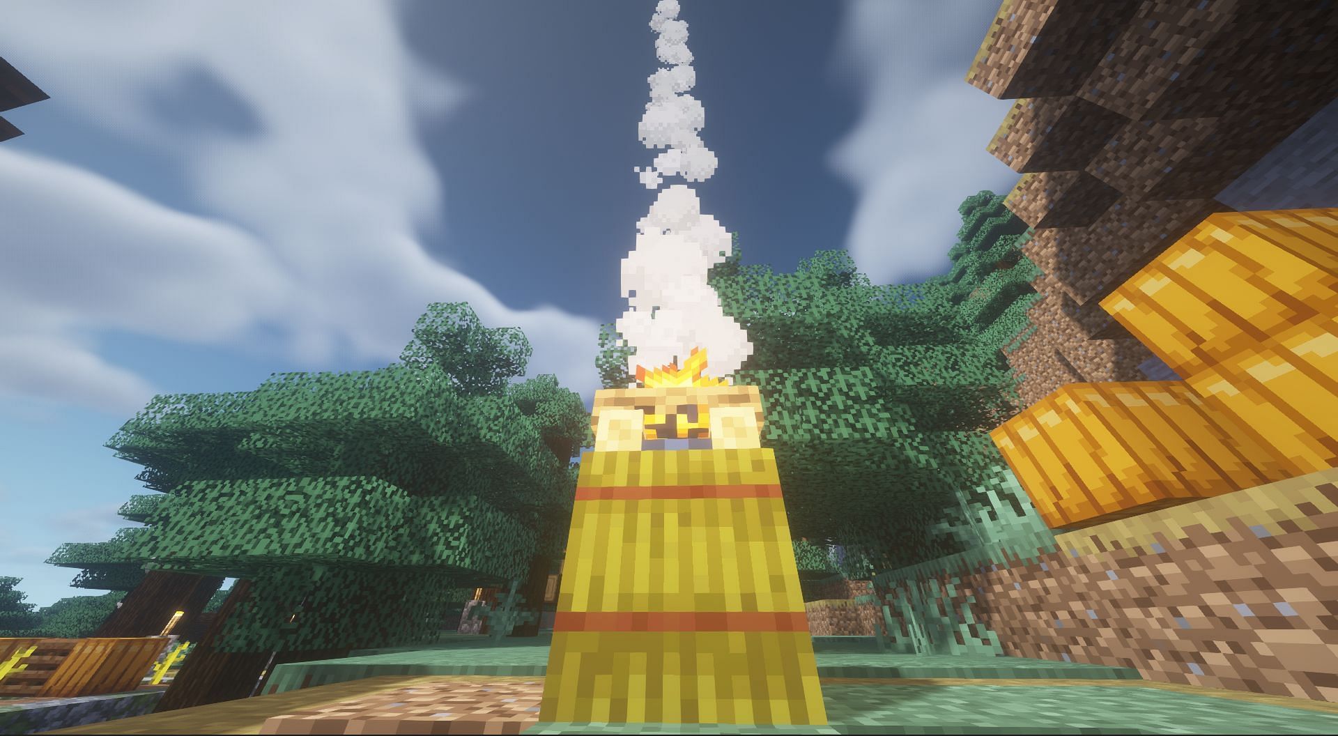 Increase smoke with hay bales (Image via Minecraft)