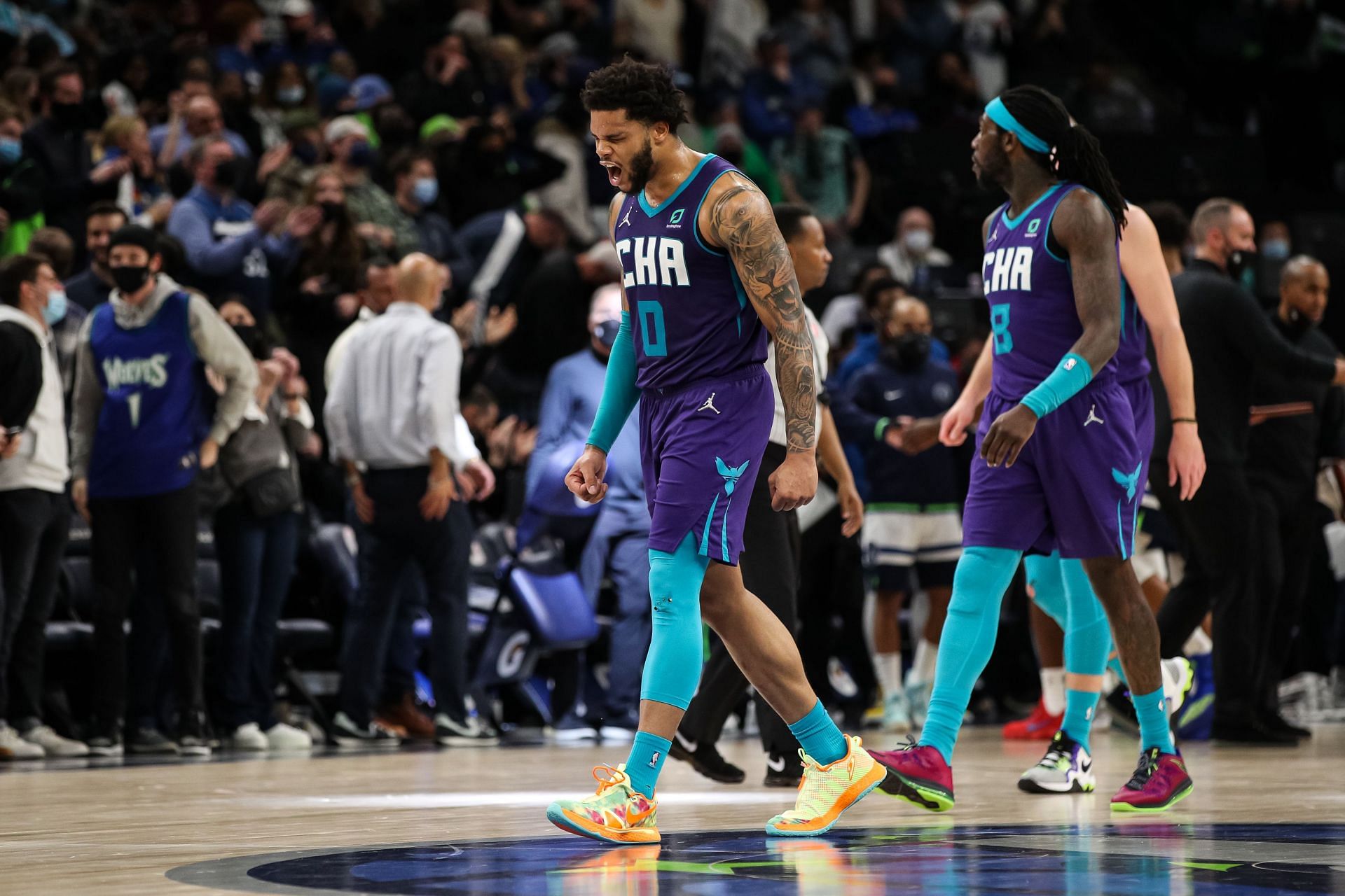 Miles Bridges of the Charlotte Hornets reacts during the game against the Minnesota Timberwolves.