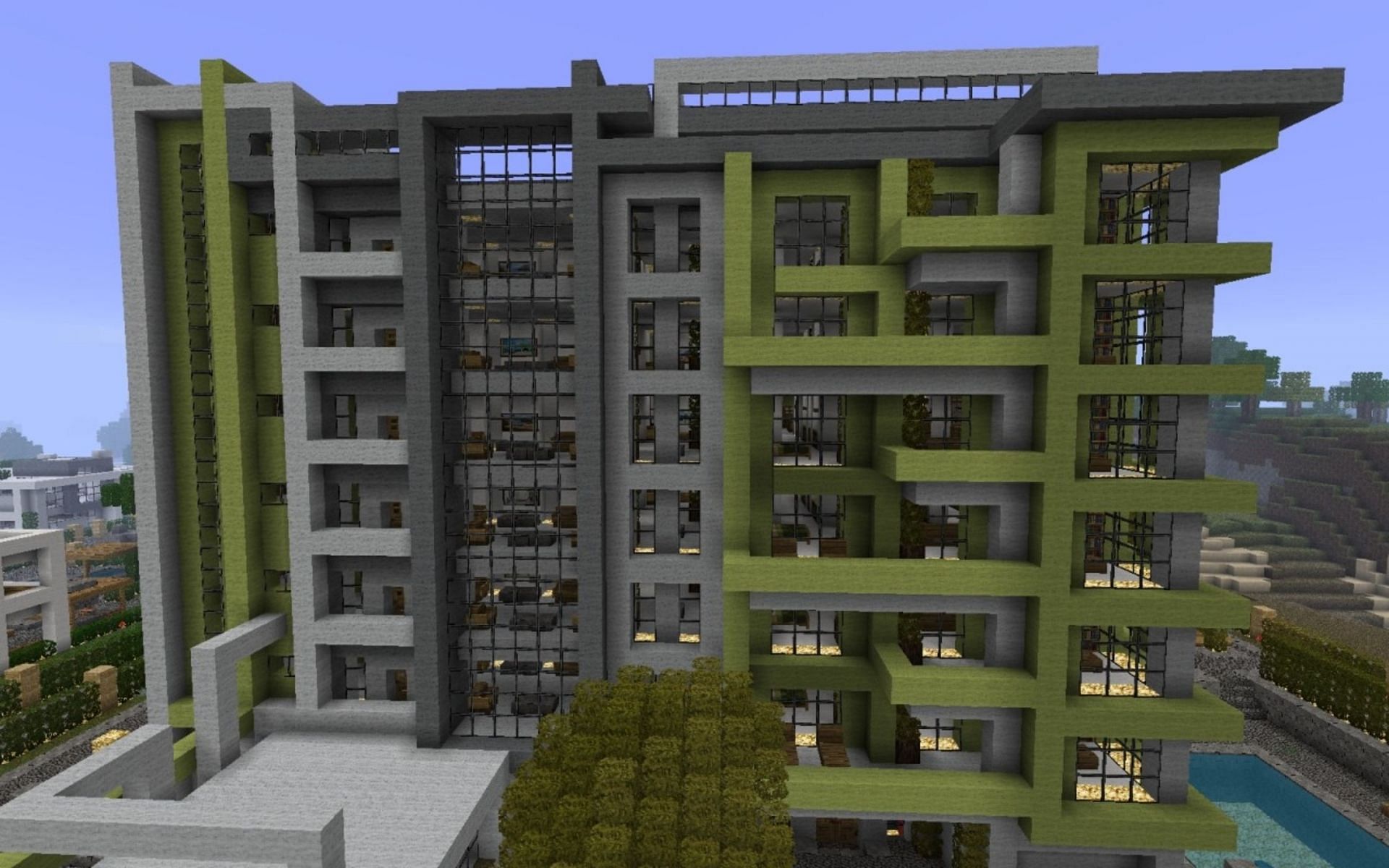 One of the whitelist server&#039;s modern apartment buildings (Image via Planet Minecraft/World of Keralis)