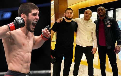 Islam Makhachev (left) and Kamaru Usman with Khabib Nurmagomedov (right; Image Credit: @aliabdelaziz000 on Instagram)