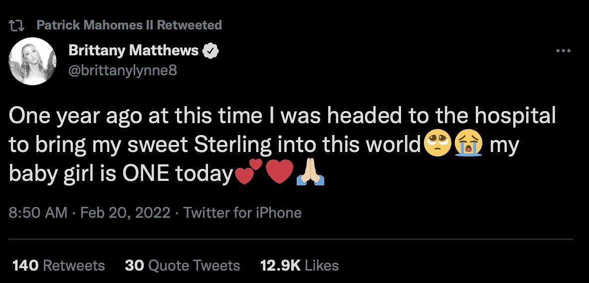 The Chiefs star quarterback retweeted the message from Brittany Matthews