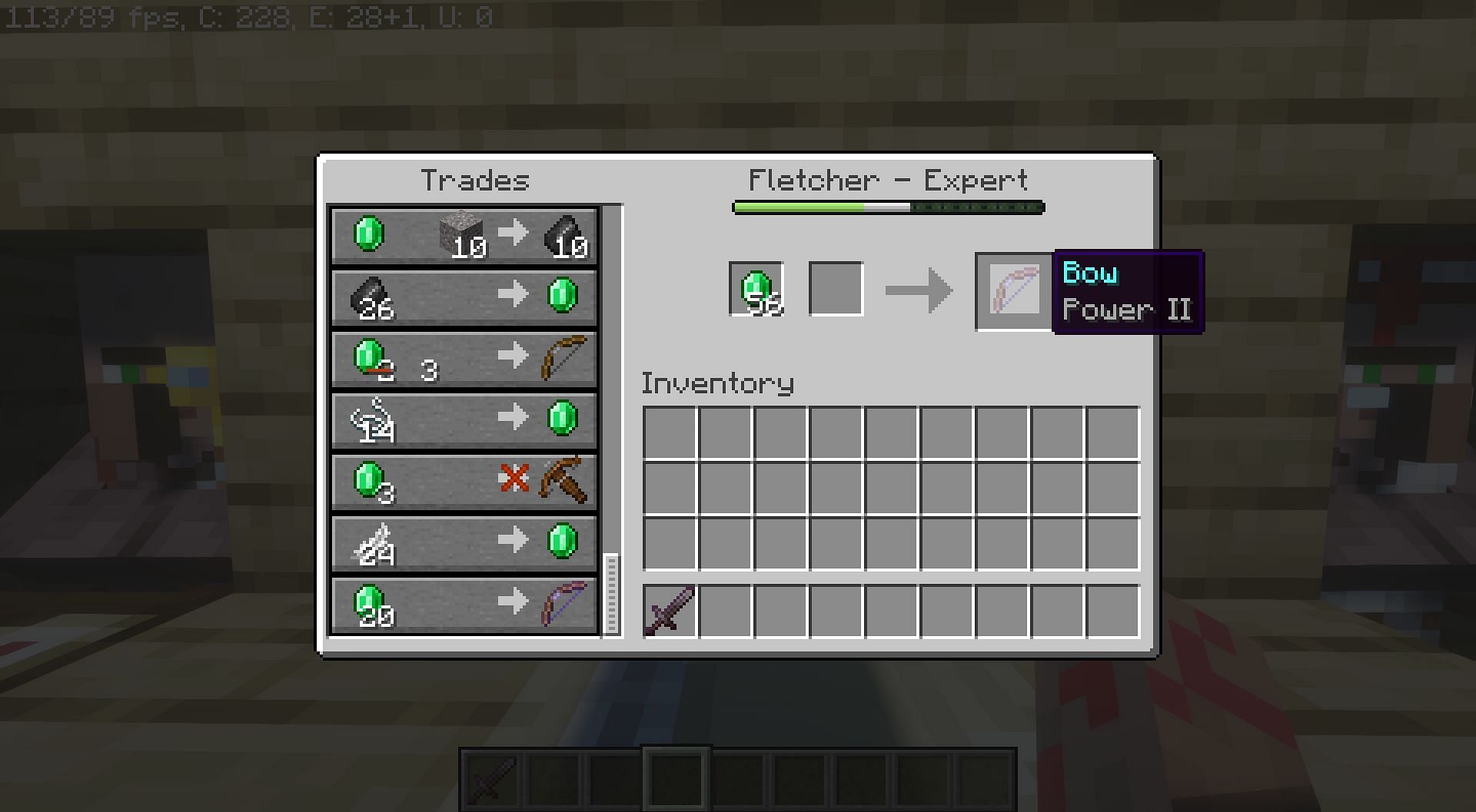 Bow with power enchantment trade with fletcher (Image via Minecraft)