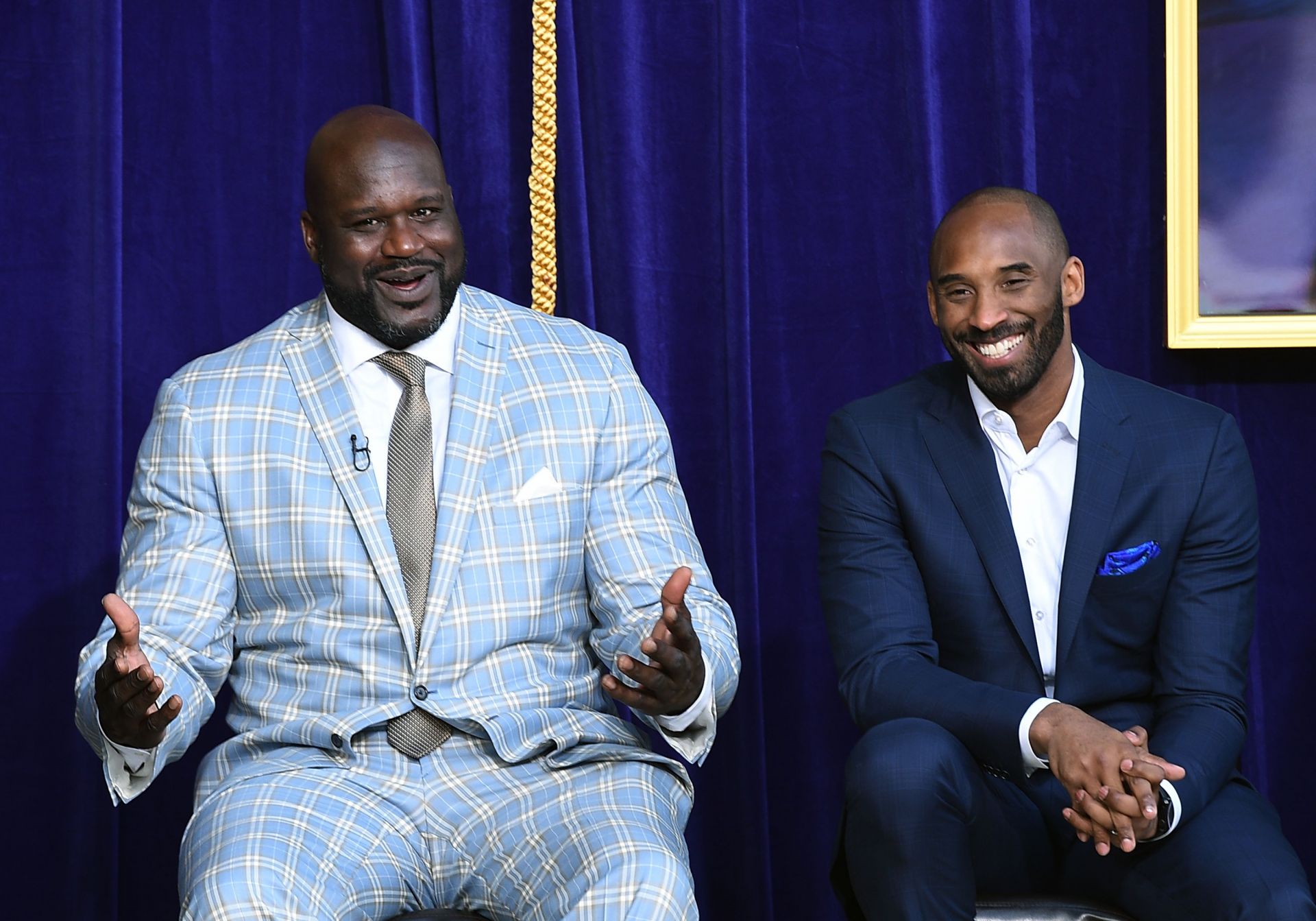 Shaquille O'Neal (left) and Kobe Bryant during the unveiling of O'Neal's statue