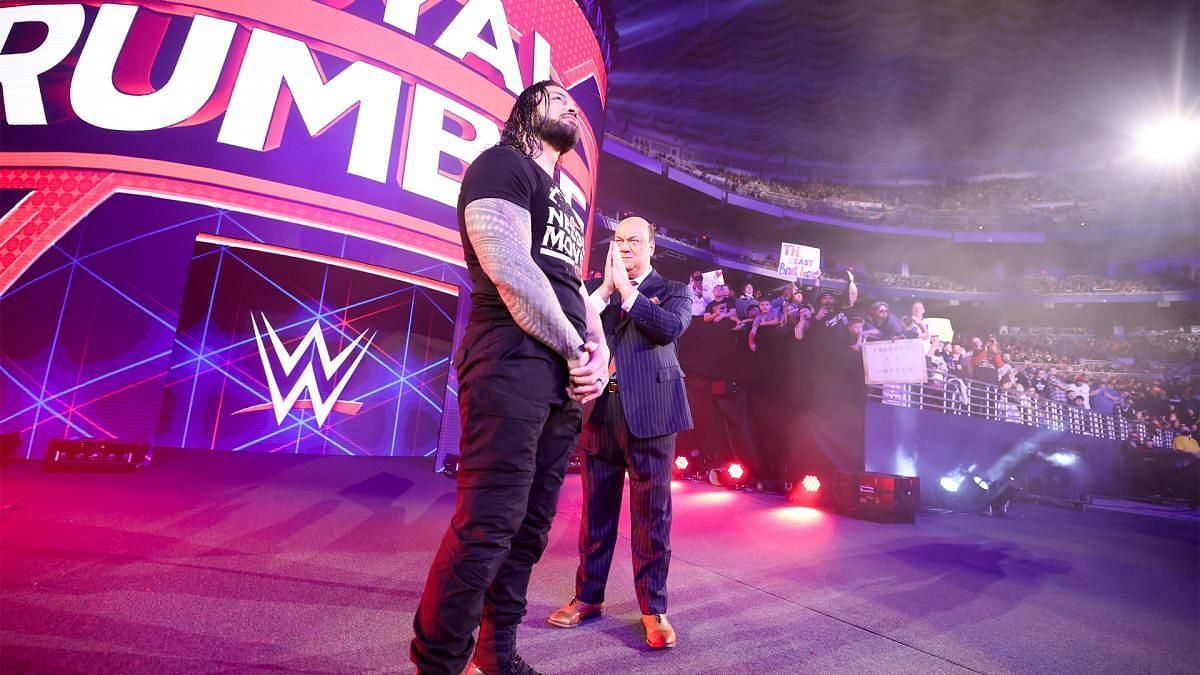 Roman Reigns with Paul Heyman by his side at Royal Rumble