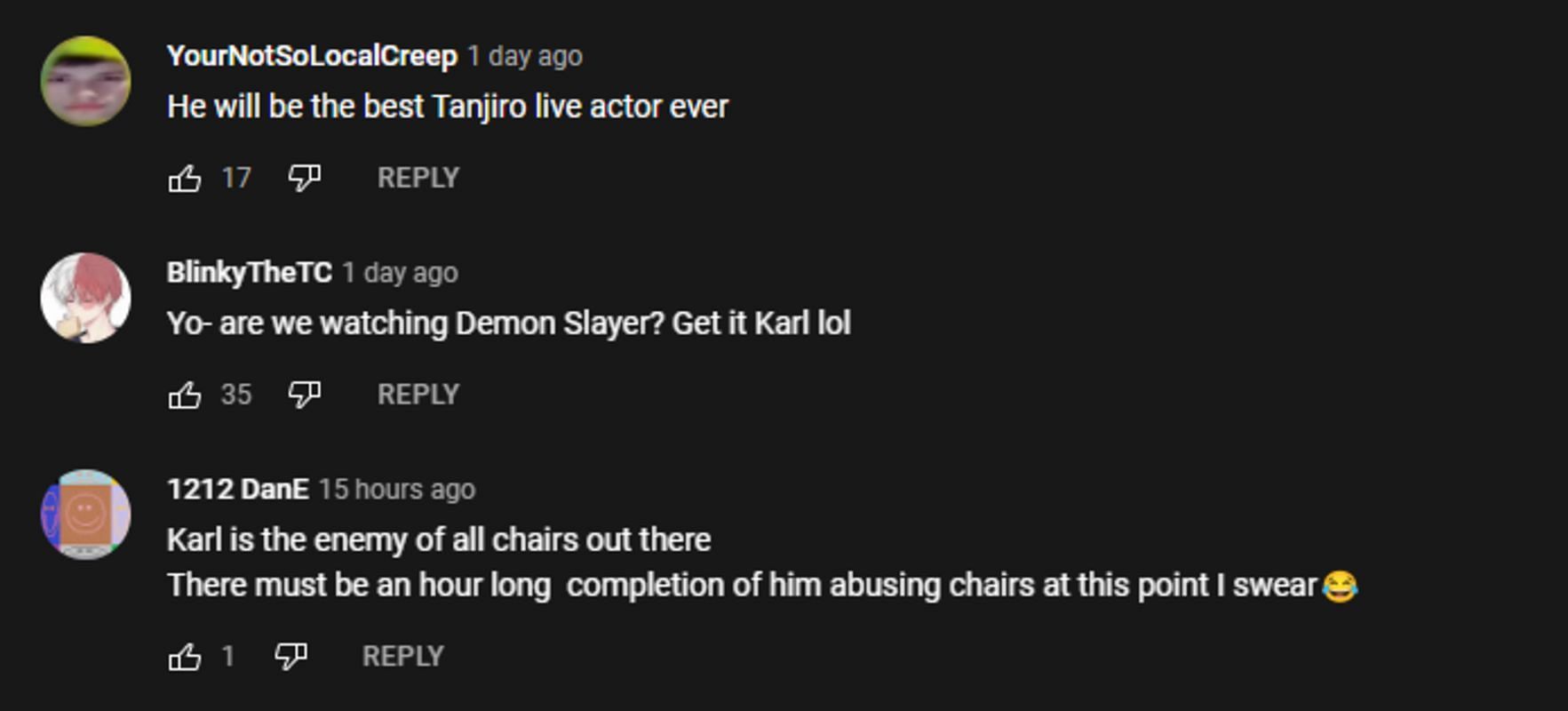 Comments reacting to Karl&#039;s Demon Slayer cosplay costume and previous chair damaging (Image via Canooon/Youtube)