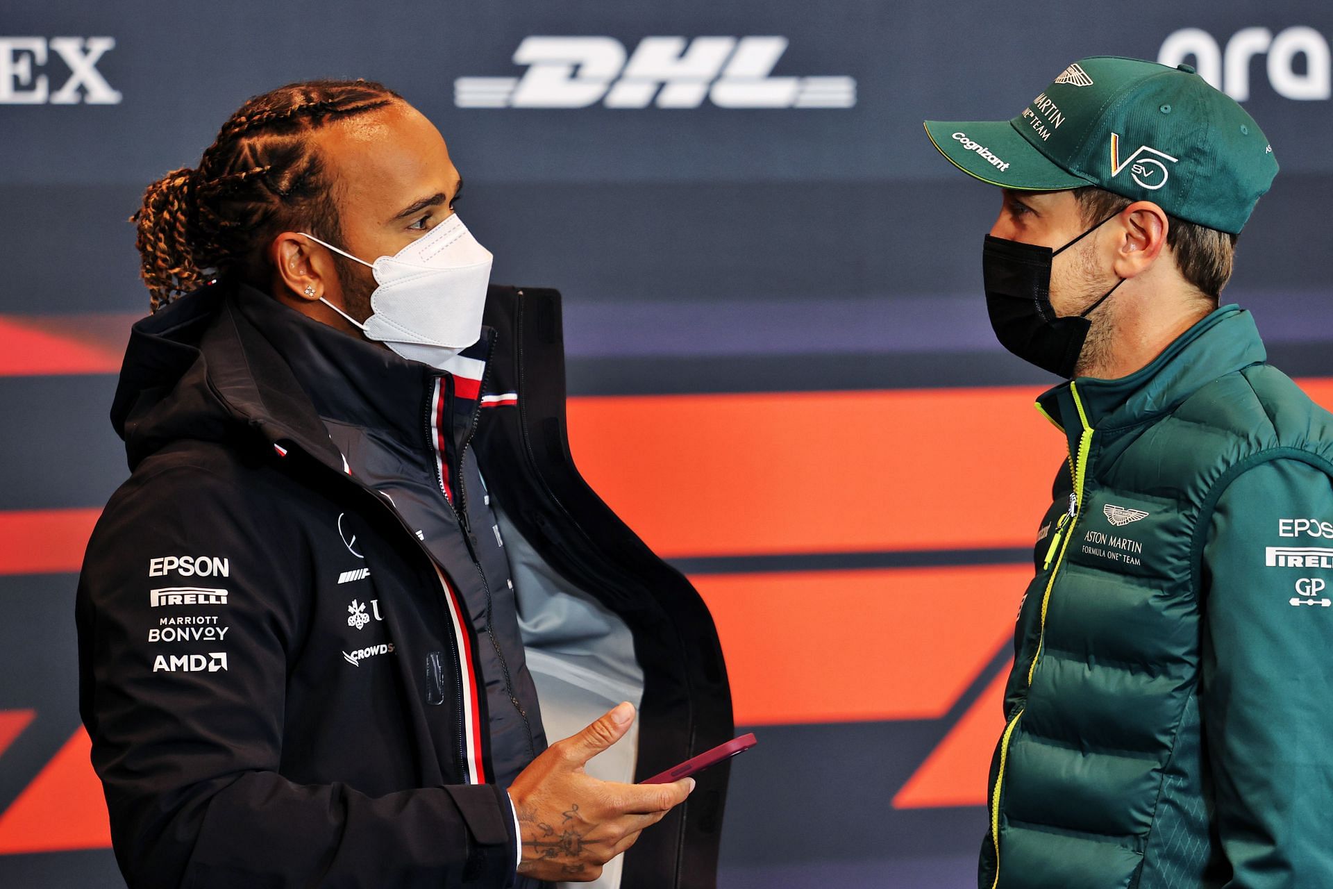 Lewis Hamilton (left) talks with Sebastian Vettel (right) ahead of the 2021 Imola Grand Prix (Photo by Laurent Charniaux - Pool/Getty Images)