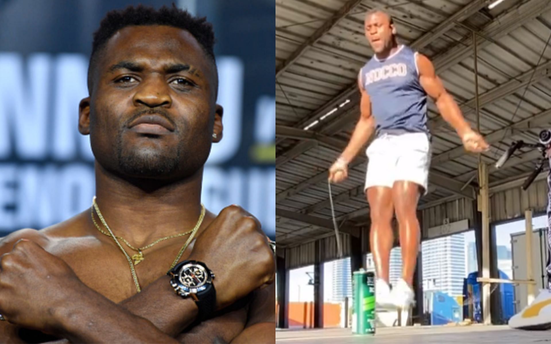 Francis Ngannou (left; Image courtesy of Getty); Ngannou jumping rope (right; Image courtesy of @francisngannou Instagram)