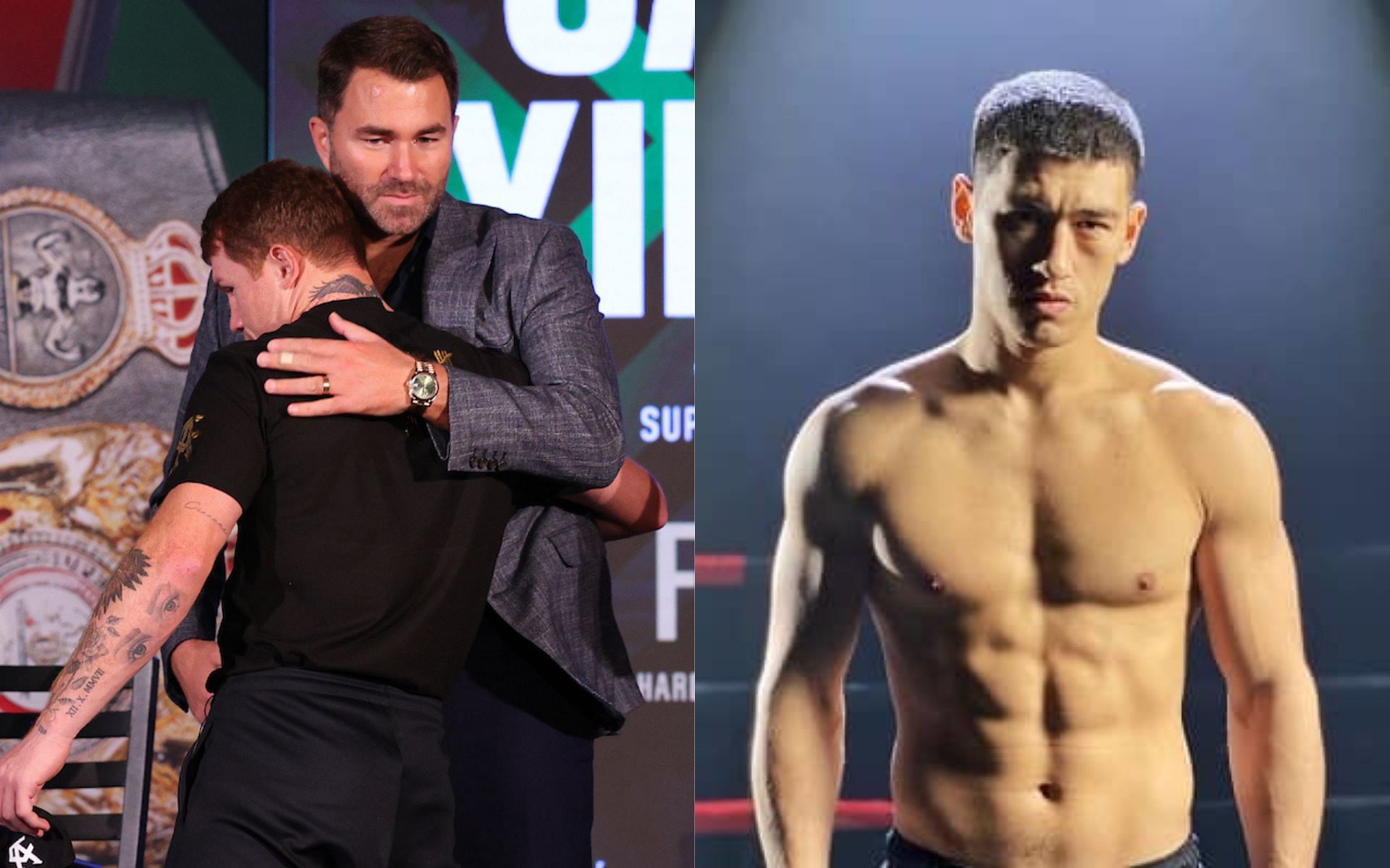 Eddie Hearn with Canelo Alvarez (left) and Dmitry Bivol (right)