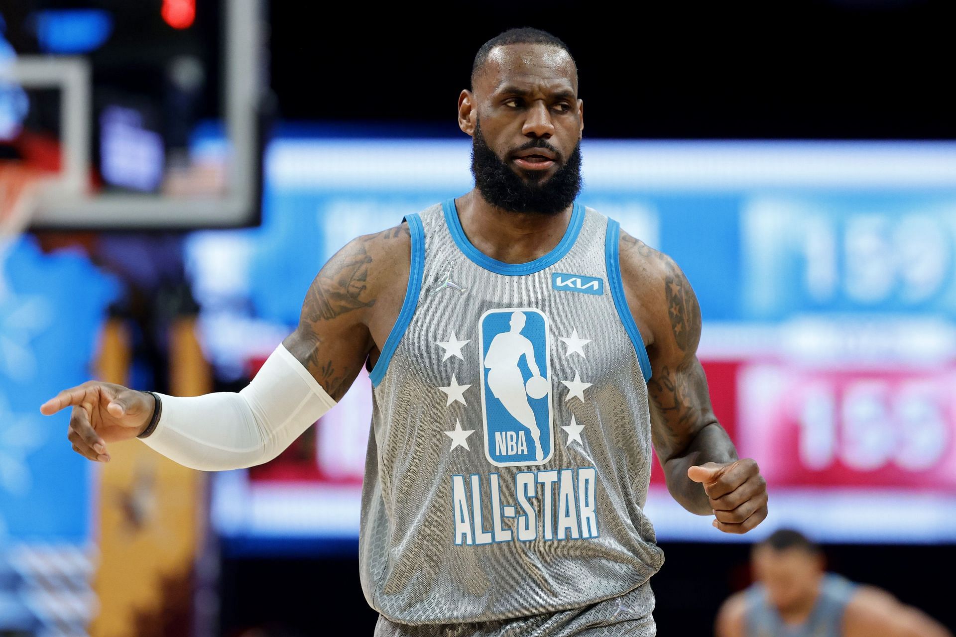LeBron James of Team LeBron looks on against Team Durant during the 2022 NBA All-Star Game.