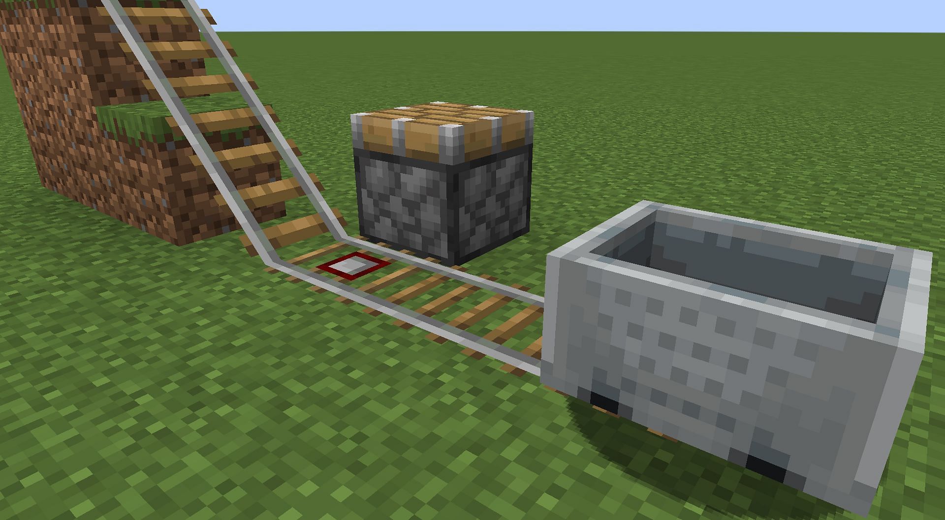 Detector rail activates piston when minecarts are on them (Image via Minecraft)