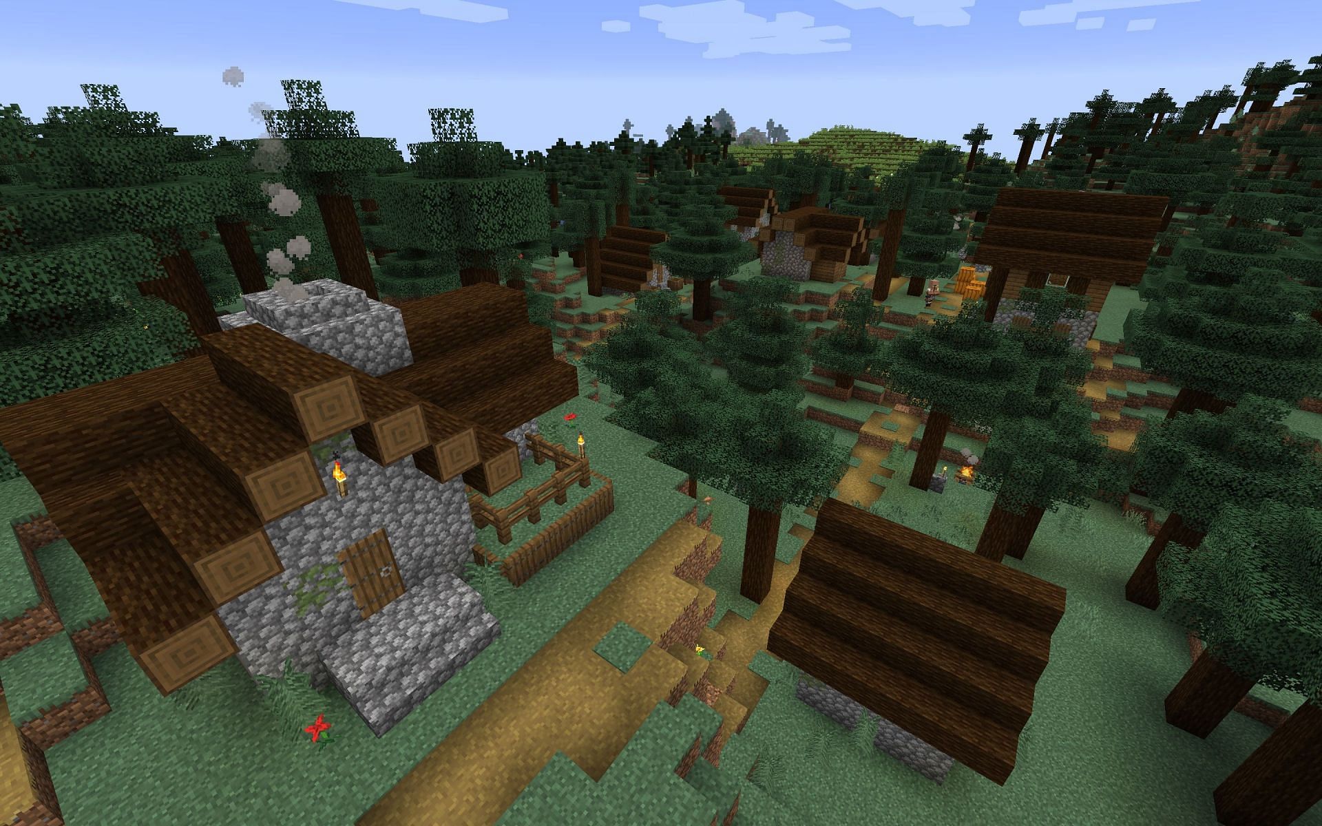 A taiga village nestled in a spruce forest (Image via Minecraft Seed HQ)