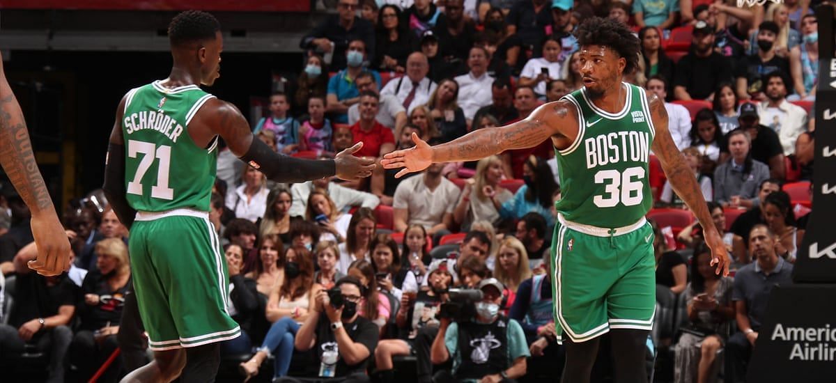 Dennis Schroder and Marcus Smart of the Boston Celtics. (Photo: Courtesy of NBA.com)