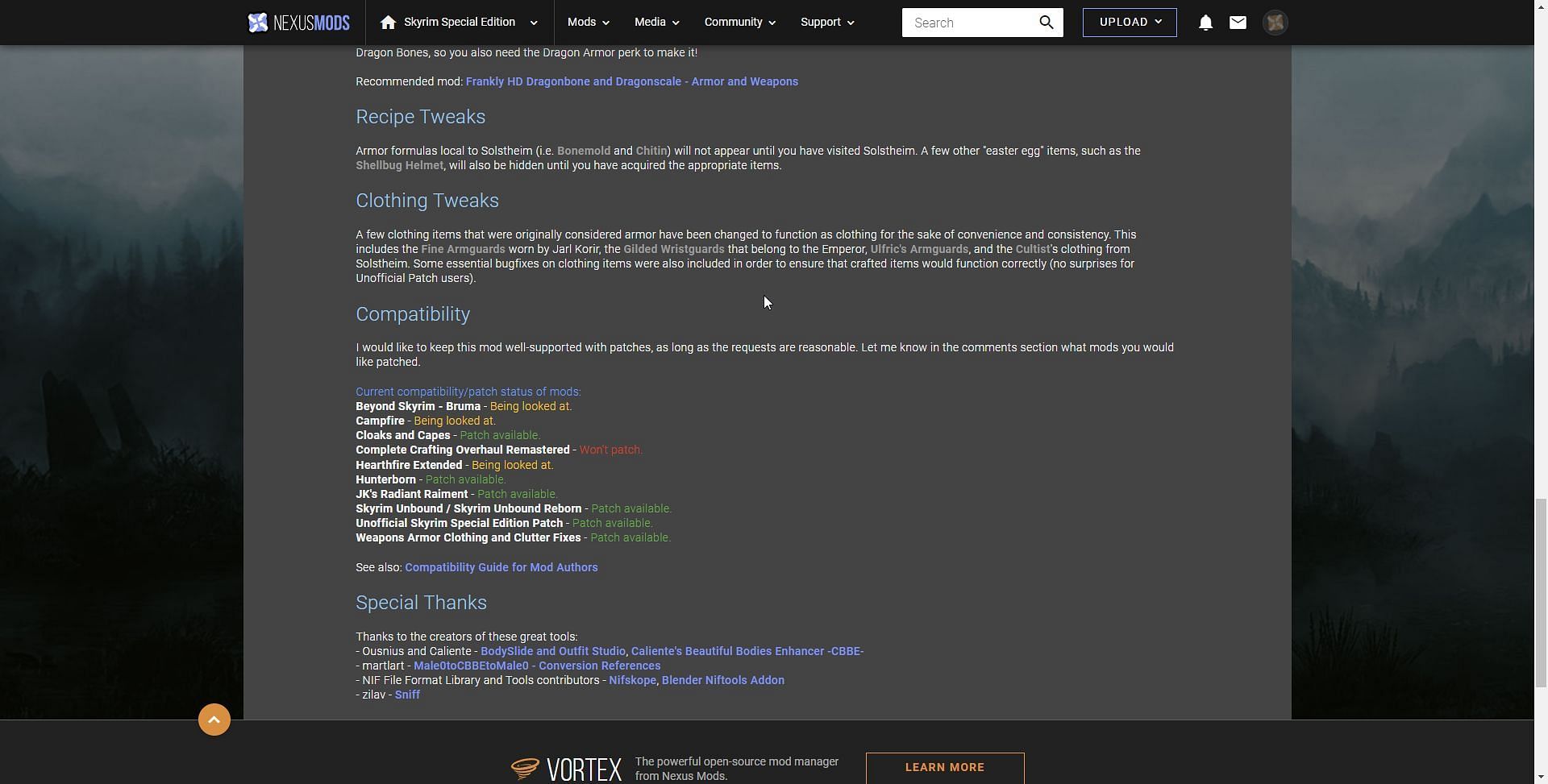 An example of a mod description page specifying various compatibility issues (Image via Nexusmods)