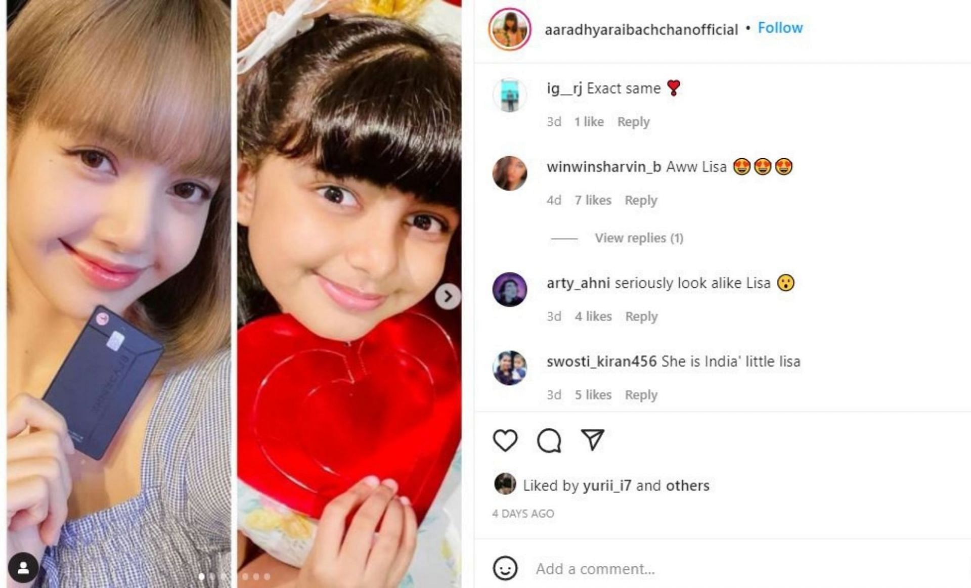 Comments under the collage post (Screenshot via @aaradhyaraibachchanofficial/Instagram)