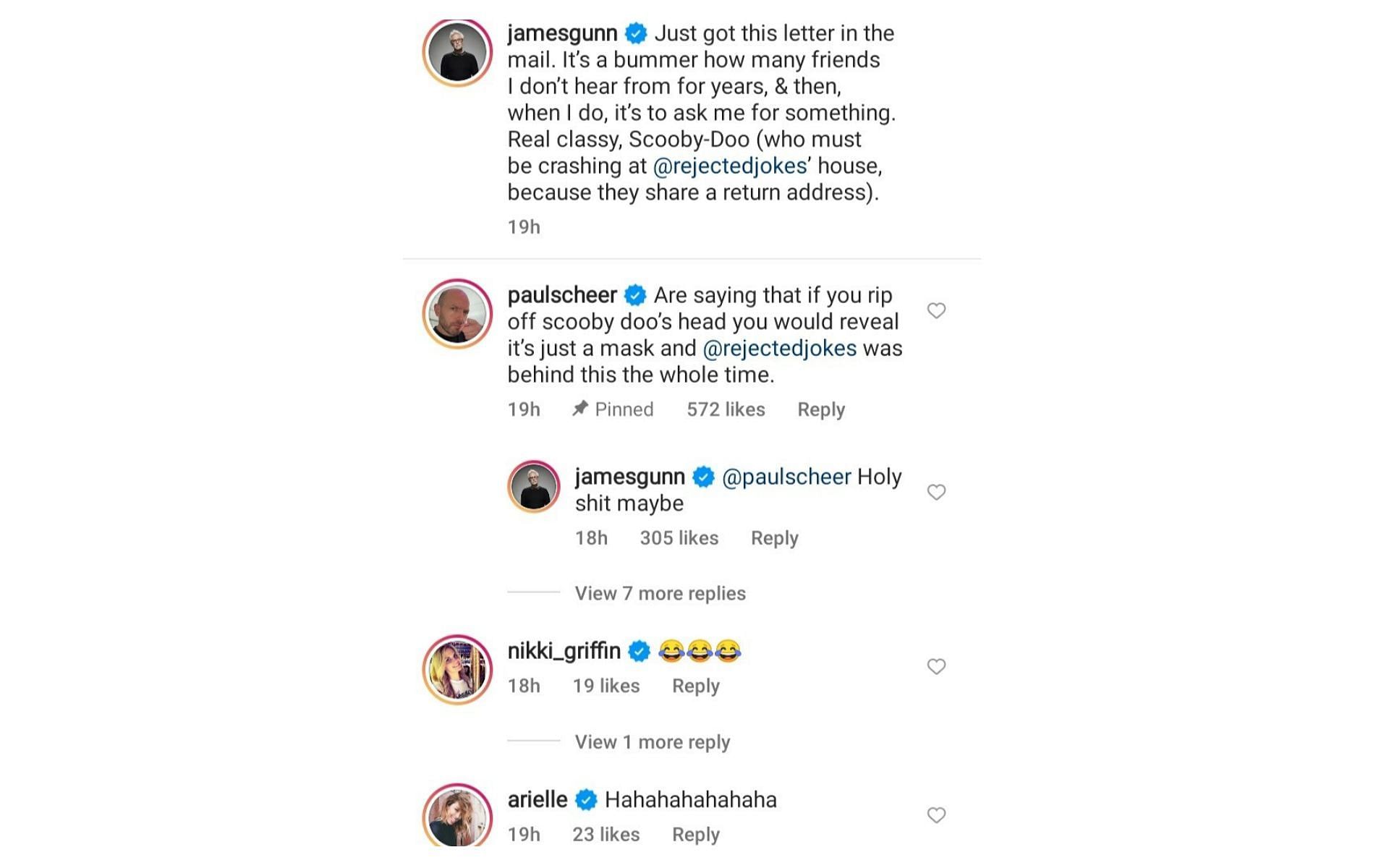 Comentarios en la publicación, que muestran la carta, compartida por James Gunn en Instagram (Imagen a través de jamesgunn @Instagram)