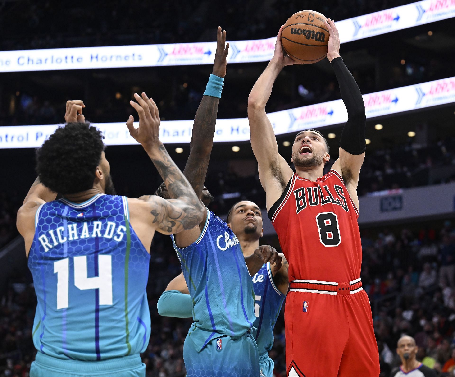 Zach LaVine goes up for a dunk,