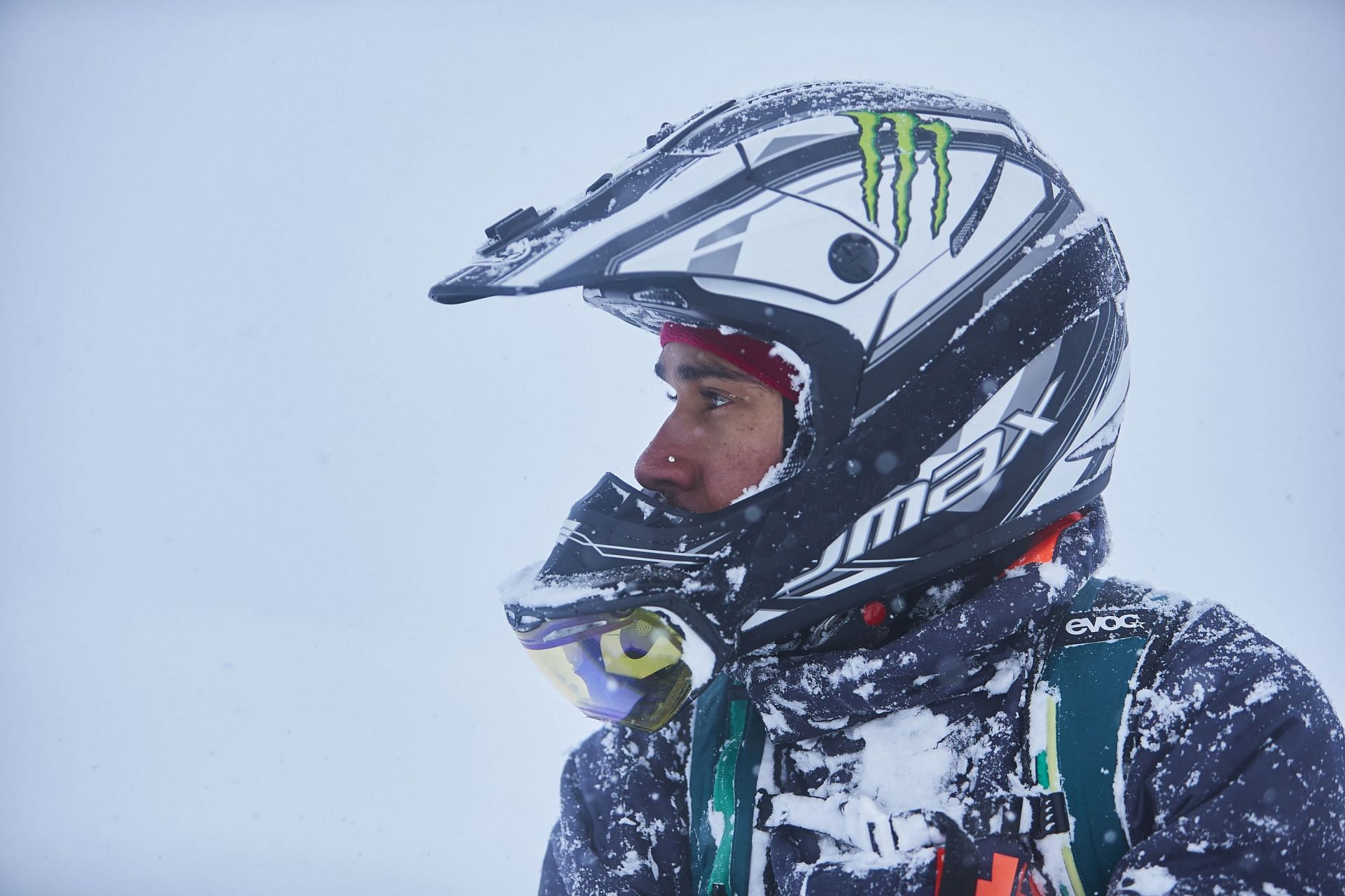 In this handout image provided by Monster Energy, four-time F1 world champion Lewis Hamilton rides a snow bike in  Japan (Photo by Nathan Gallagher/Monster Energy via Getty Images)