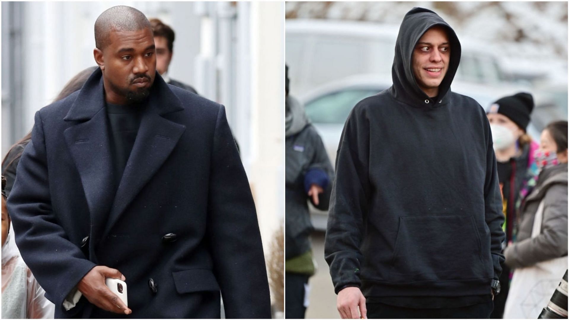 Pete Davidson&#039;s face was cut from a throwback picture shared by Kanye West (Images via Neil Mockford and James Devaney/Getty Images)