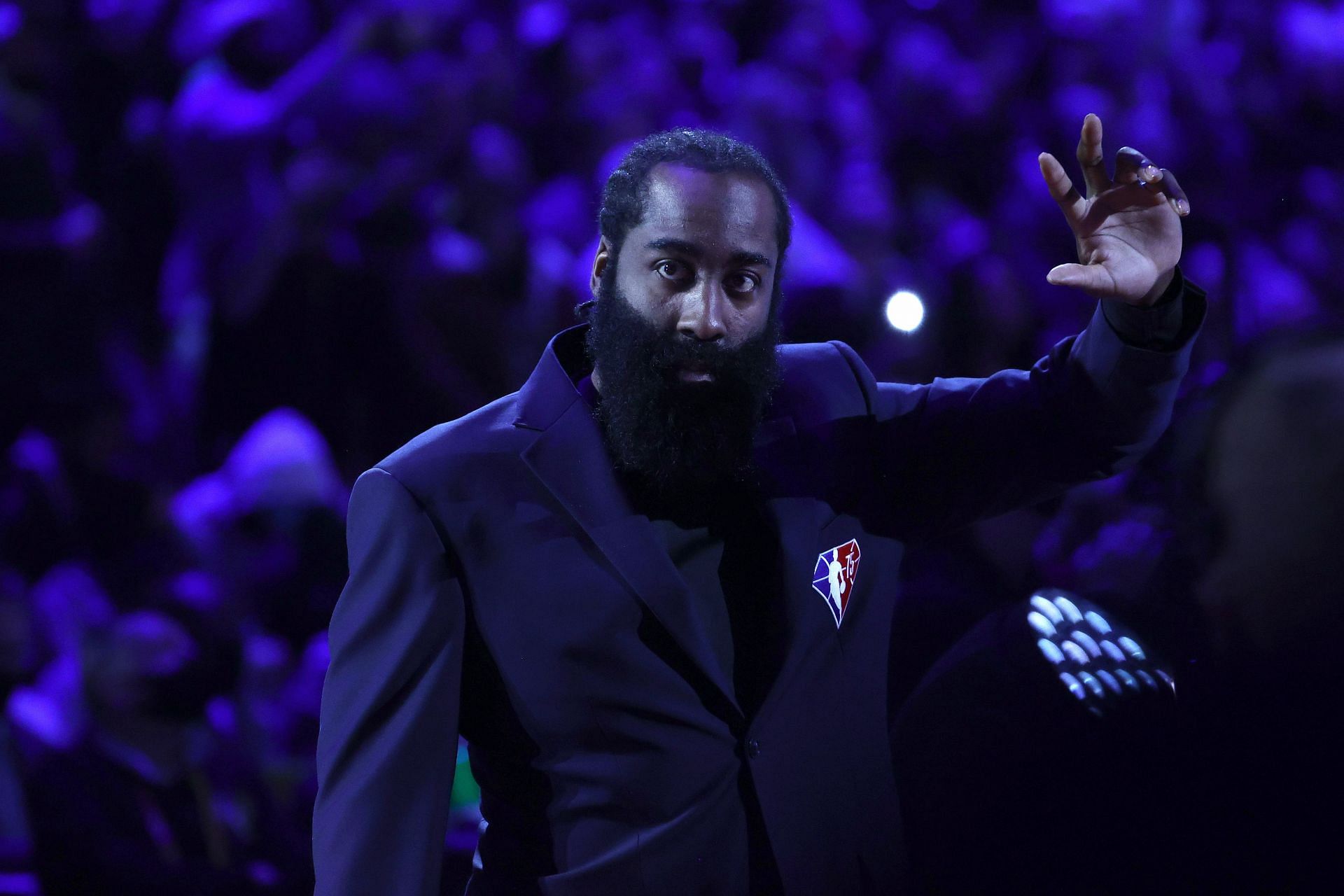 James Harden reacts after being introduced as part of the NBA 75th Anniversary Team