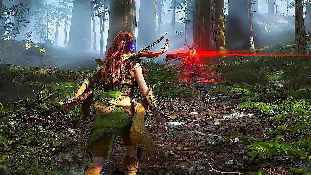 Aloy fighting against machines in Forbidden West (Image via YouTube)