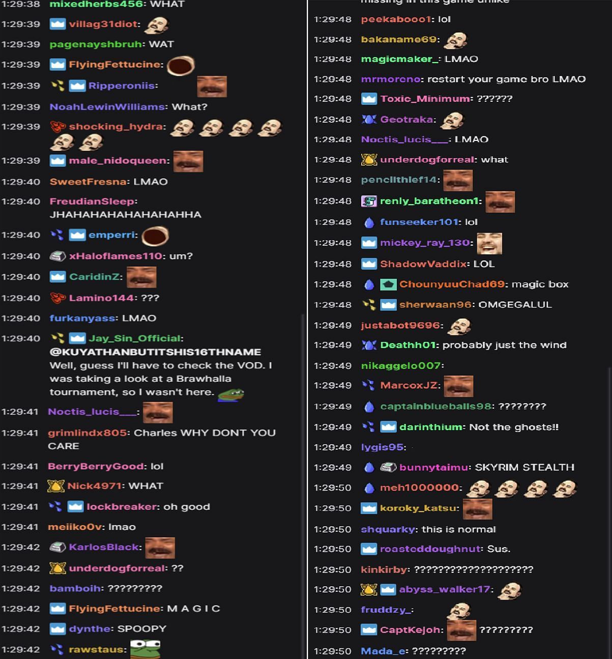 Twitch chat&#039;s reaction when Charlie noticed the bug (Images via MoistCr1TiKaL/Twitch)