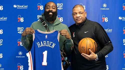 James Harden with Philadelphia 76ers coach Doc Rivers